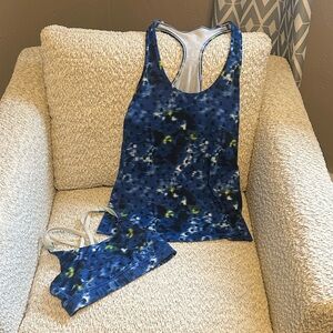 Lululemon Athletica Cool racerback Blue Camo polka dot tank shirt lot bra set